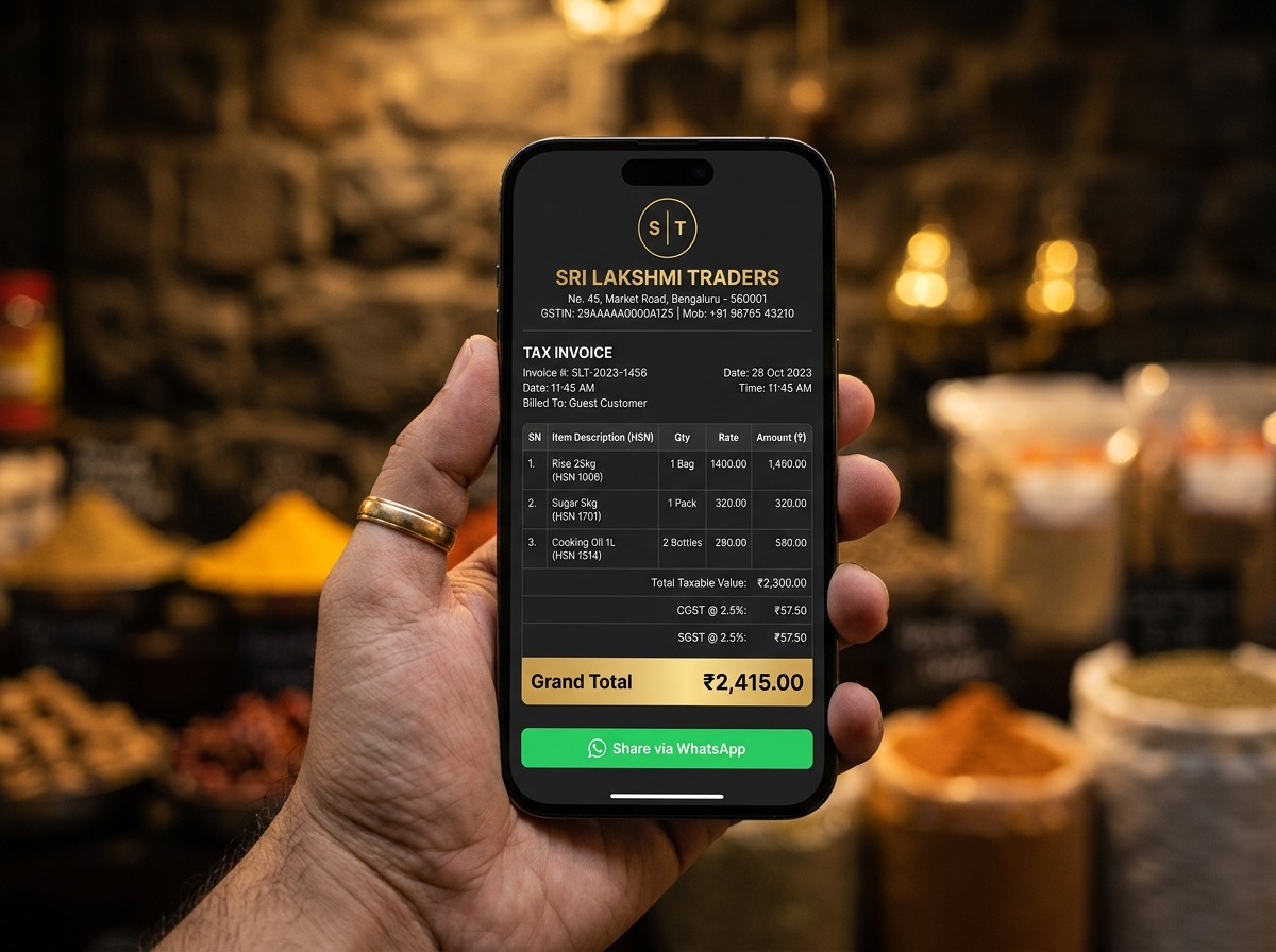 GST tax invoice on mobile with WhatsApp share