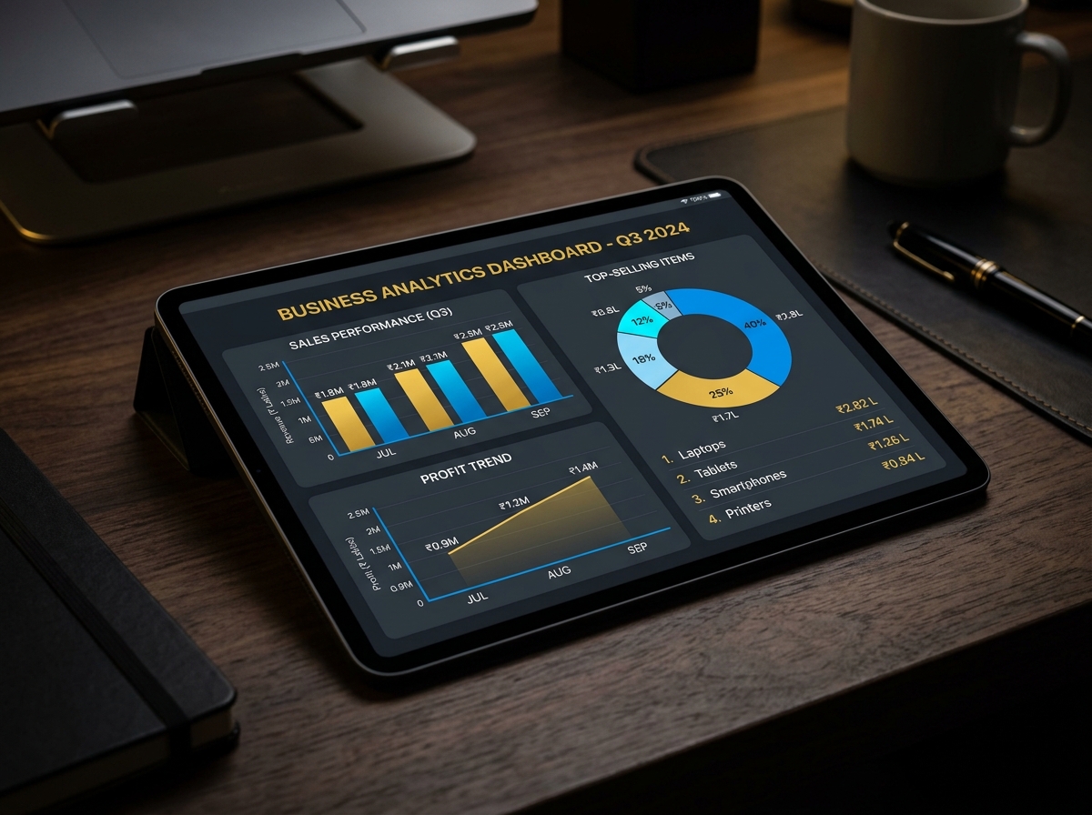Business analytics dashboard on tablet