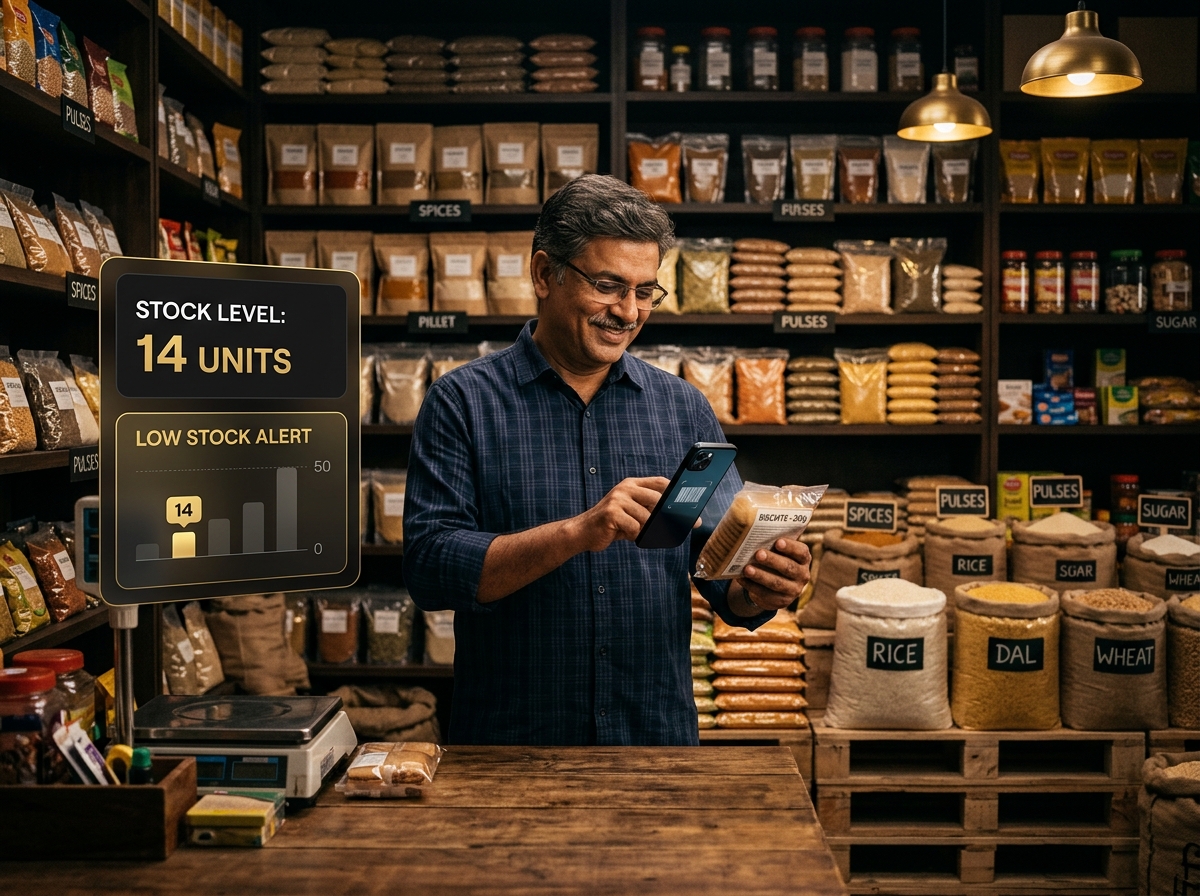 Shop owner scanning barcode with low stock alert