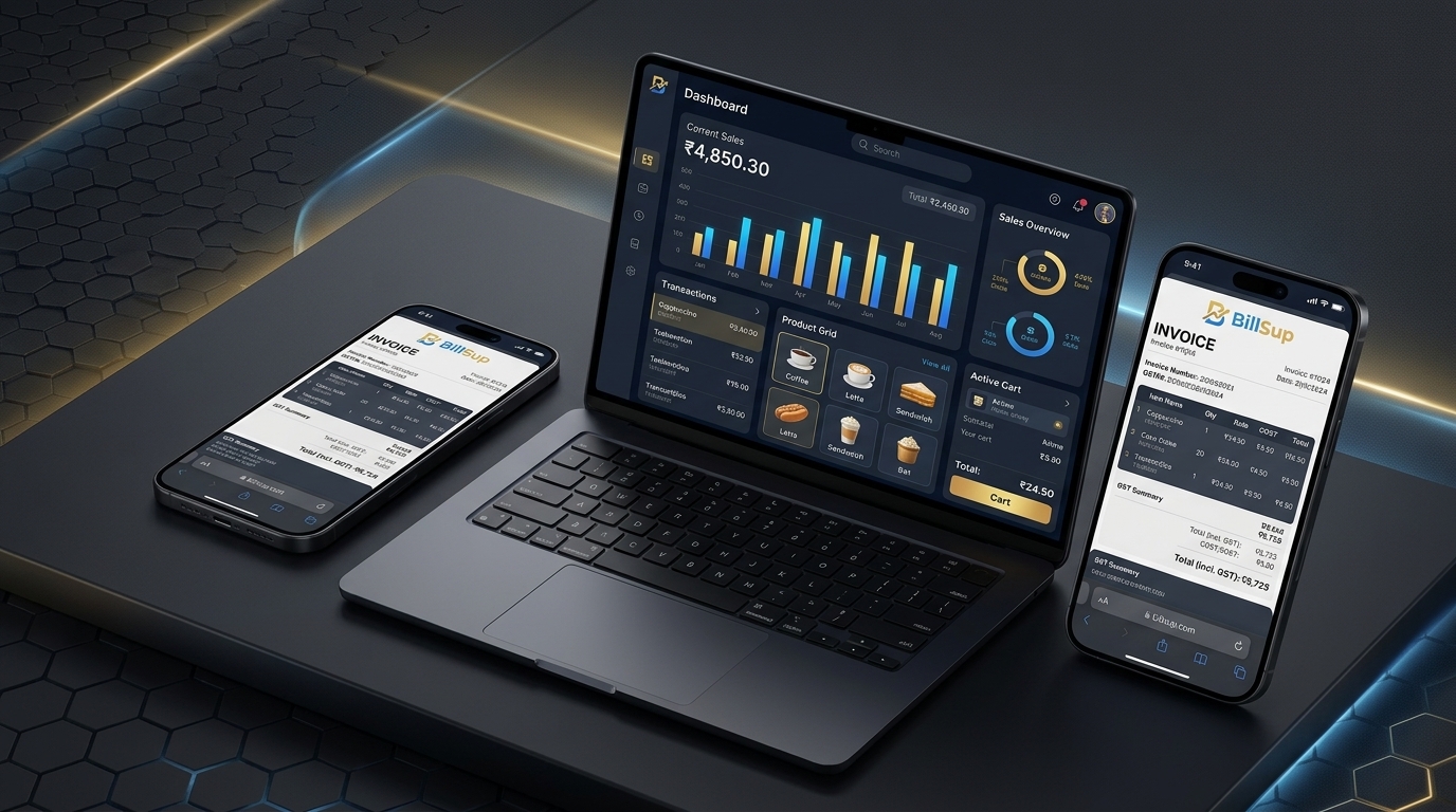 BillSup billing dashboard on laptop and GST invoice on mobile - Click to Download